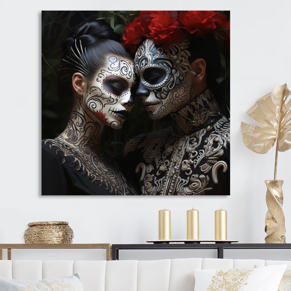 Designart "Day of the Dead Mexican Portrait I" Fashion Wall Art - Glam Black Woman Entryway Wall Art Print