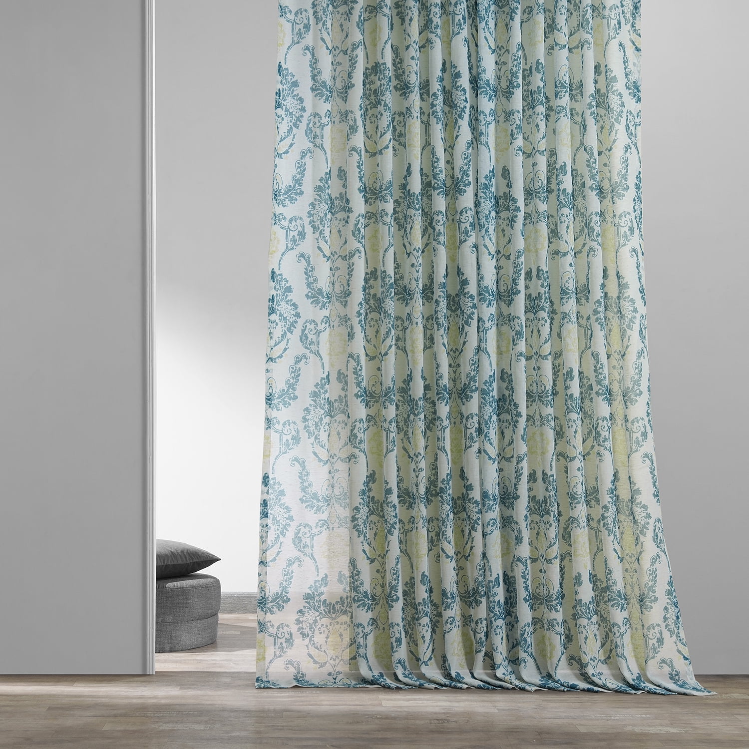 Terrace Teal Printed Faux Linen Sheer Curtain (1 Panel), Terrace Teal, 50W X 108L