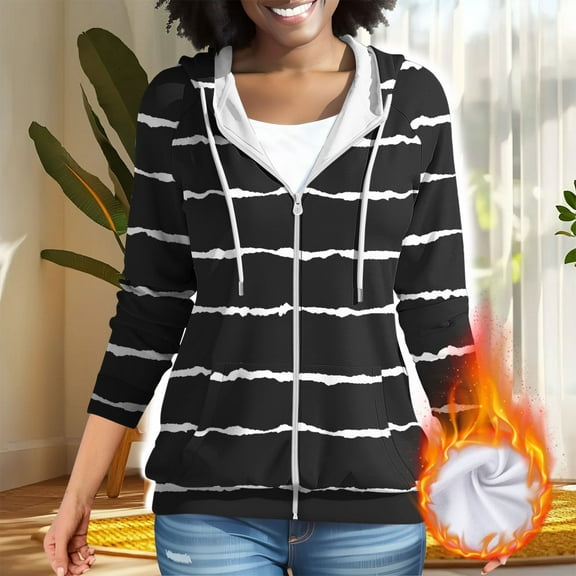 AGWOLF Zip Up Sweatshirt Women Fashion Striped Long Sleeve Sweatshirt Hooded Drawstring Travel Jacket Coat