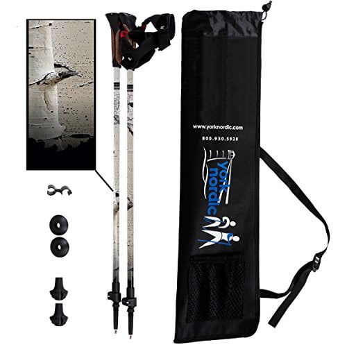 York Nordic White Birch Design Hiking & Walking Poles - Lightweight, Adjustable, and Collapsible -2 Pieces Adjustable w/flip Locks, Detachable Feet and Travel Bag