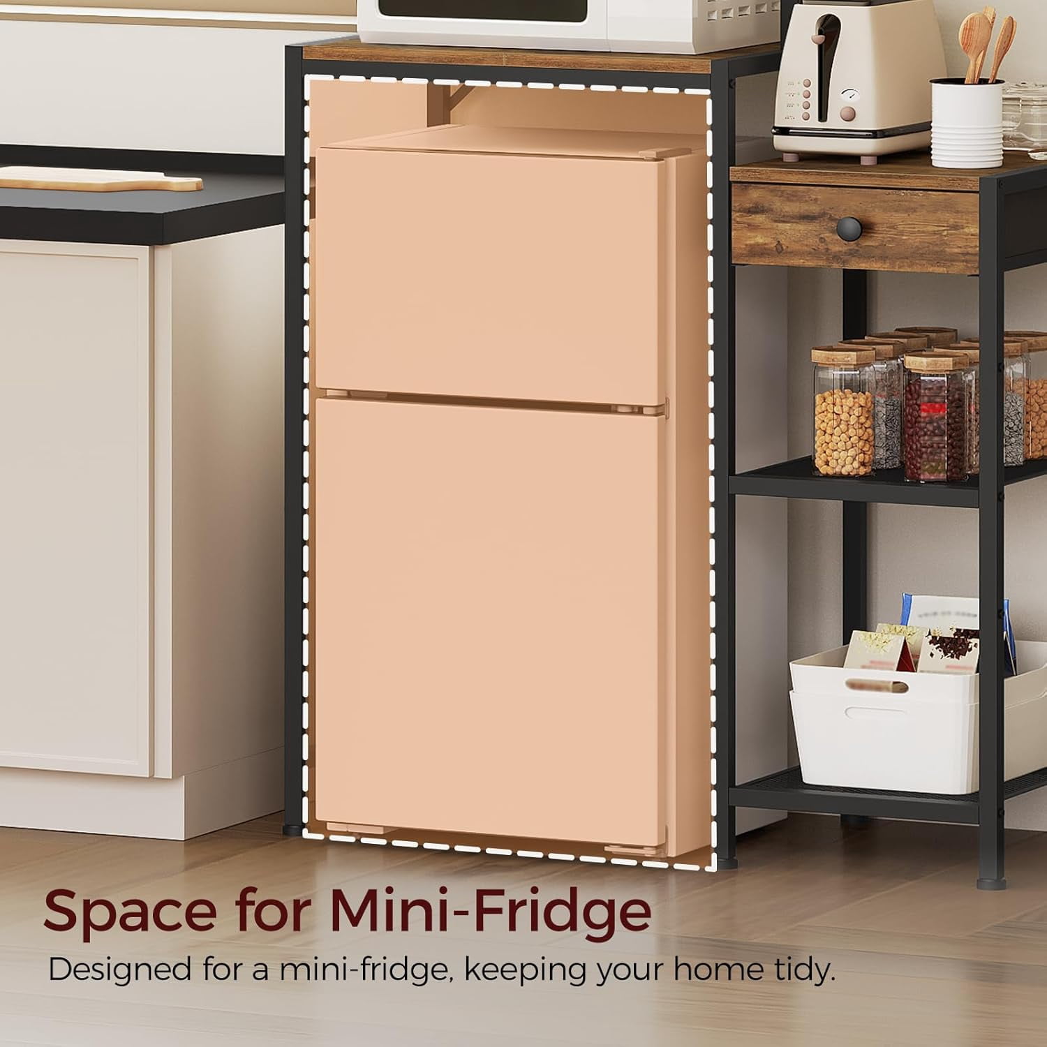 Mini Fridge Stand, Bakers Rack with Storage, 6-Tier Mini Fridge Cabinet, Coffee Bar Station with 1 Drawer, Microwave Stand for Kitchen, Dining Room, Rustic Brown and Black RSHR5401