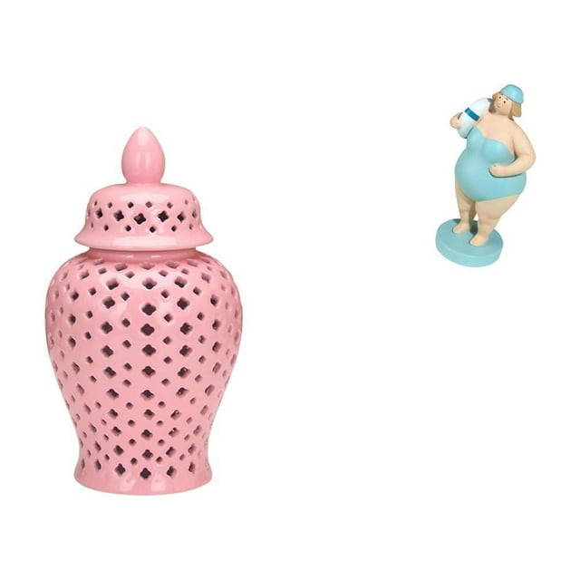 Jarrón de con tapa, ideal para arreglos florales, y figura de resina de una mujer en la playa, adorno decorativo para la sala de estar.