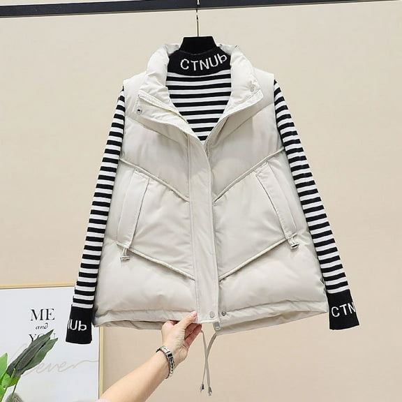 AOOCHASLIY Women Winter Coat Women Pocket Vest Coat Short Jacket Winter Sleeveless Turn Down Collar Zipper Solid Outerwear