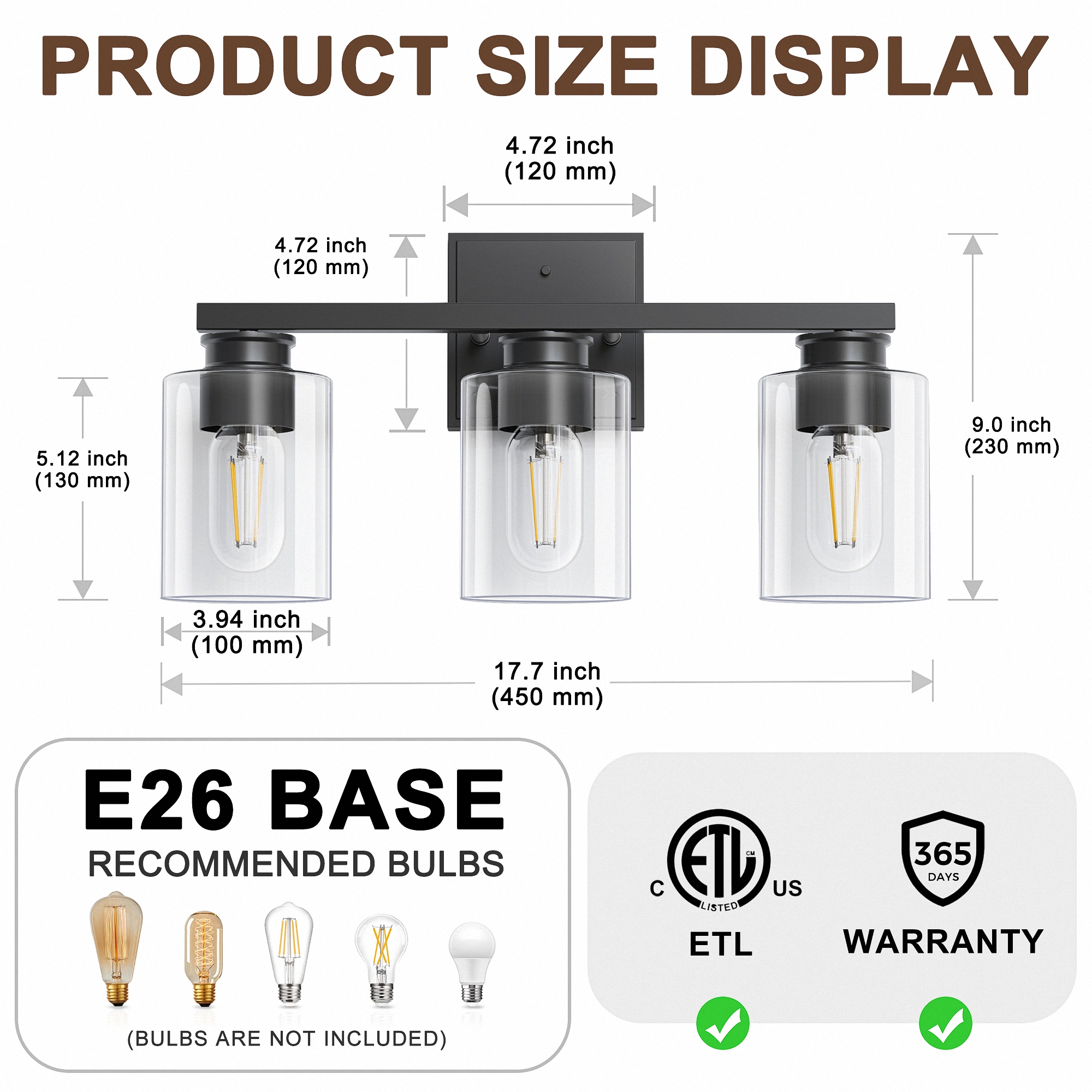 YANSUN 17.7 in 3-Light Black Vanity Light with Clear Glass, Modern Wall Sconces, Bathroom Lighting Fixtures Over Mirror for Living Room, Bathrooms, Powder Rooms, or Vanity Nooks