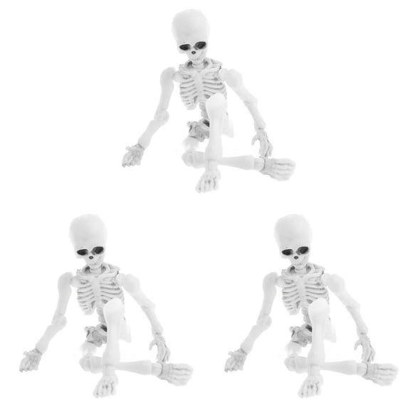 Movable Skeleton Human Model 3.5Inch Skull Full Body Mini Figure with Poseable Joints, Halloween Decoration Indoor Outdoor, Haunted House Party Decor Collectible Skeleton Toy Display 3PC