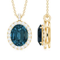 Rosec Jewels Oval Shape London Blue Topaz Pendant Necklace with Diamond Halo - 8X10 mm, 10K Yellow Gold