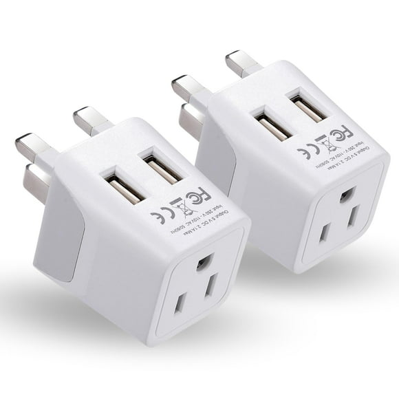 Adaptador de viaje Ceptics CTU-7-2PK tipo G con doble USB, paquete de 2