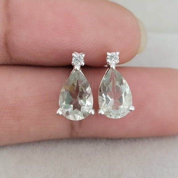 Elegant Natural Green Amethyst-Prasiolite Teardrop Stud Earrings - 925 Solid Sterling Silver birthstone Women's Earrings - Anniversary Gift - jewelry For women -