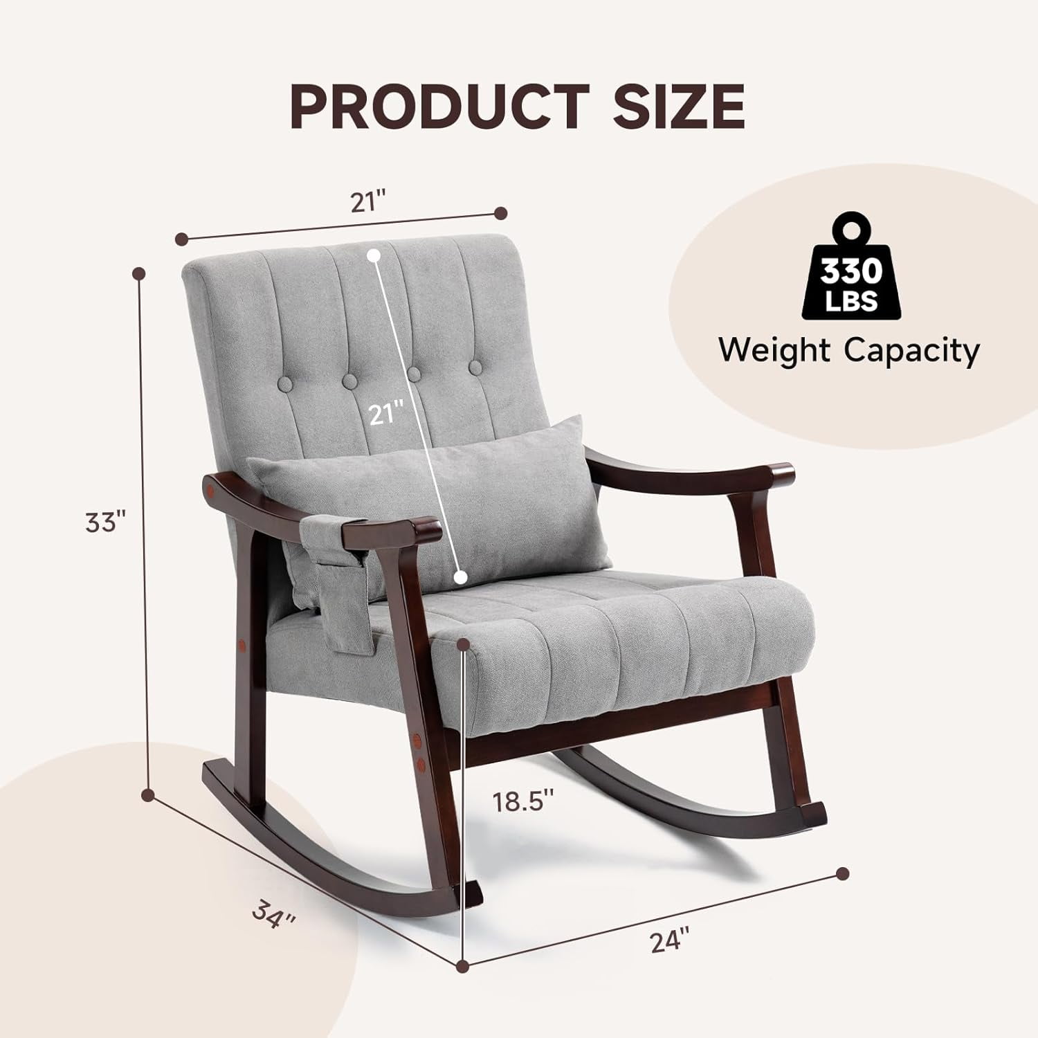 Upholstered Rocking Chair with Massage Lumbar Support,Glider Chair with Side Pocket, Nursery Rocker with High Backrest,Rubber Wood Legs, Rocking Accent Armchair for Living Room Bedroom Nursery