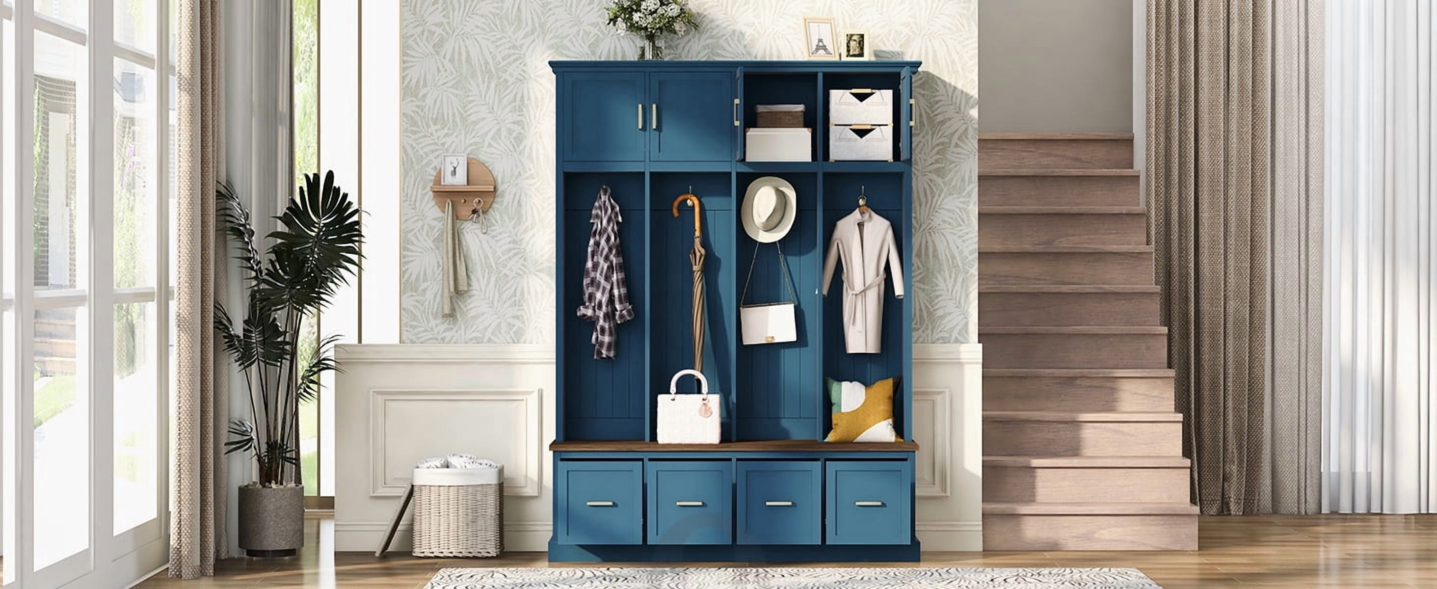 Mintazer 78” Tall Farmhouse Entryway Hall Tree with Coat Rack Hooks, Cabinets, Drawers & Shoe Storage Bench for Living Room, Bedroom, Hallway, Navy Blue