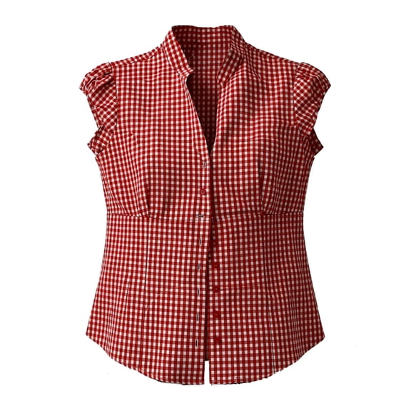 Plaid Button Down Shirt for Women Waist Tie Short Sleeve Casual Blouse Teen Girls Youth Fashion Red L