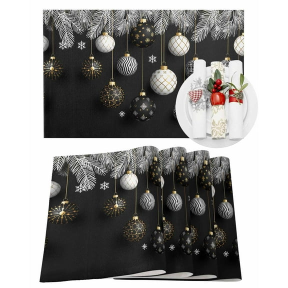 Christmas Placemats Set of 6, Christmas Balls Black White Place Mats Pine Tree Branches Placemat Table Decoration for Kitchen Table Dinner Xmas Holiday Party Home Decor Indoor Outdoor 13x19 Inch