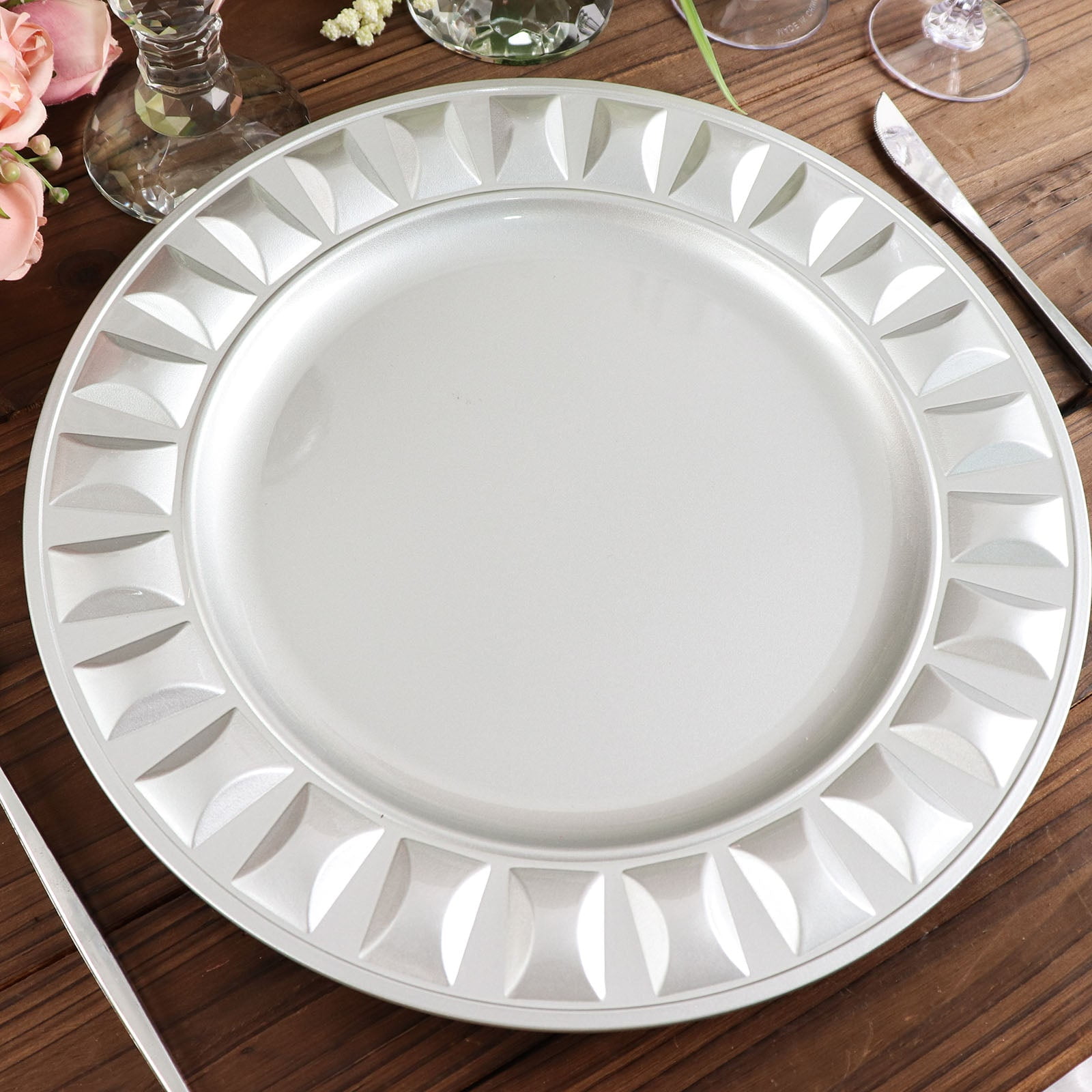 Efavormart 6 Pack | 13" Silver Round Bejeweled Rim Plastic Dinner Serving Trays, Disposable ...