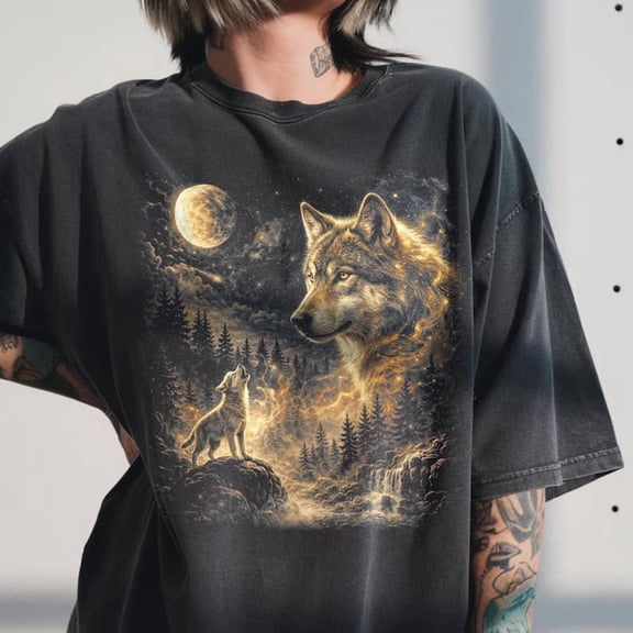 Vintage Wolf Howling Moon Animal Graphic Wilderness Native Vibe T-shirt
