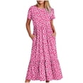thumbnail image 1 of Pisexur Robes d'Été pour Femmes à Col Rond, Robe Fluide Plissée Tendance à Manches Courtes, Mode avec Poche, Robe d'Été de Plage Évasée à Imprimé Floral, 1 of 4
