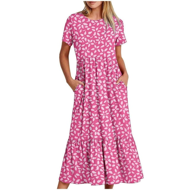 Pisexur Robes d'Été pour Femmes à Col Rond, Robe Fluide Plissée Tendance à Manches Courtes, Mode avec Poche, Robe d'Été de Plage Évasée à Imprimé Floral