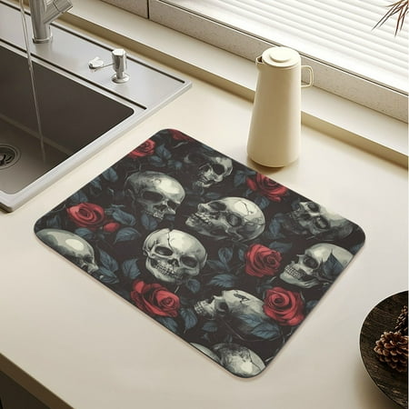 

Wobogo Skull Red Roses Pattern Dish Drying Mats Diatomaceous Earth Super Absorbent Non-slip Rubber Sole 15.7×11.8in