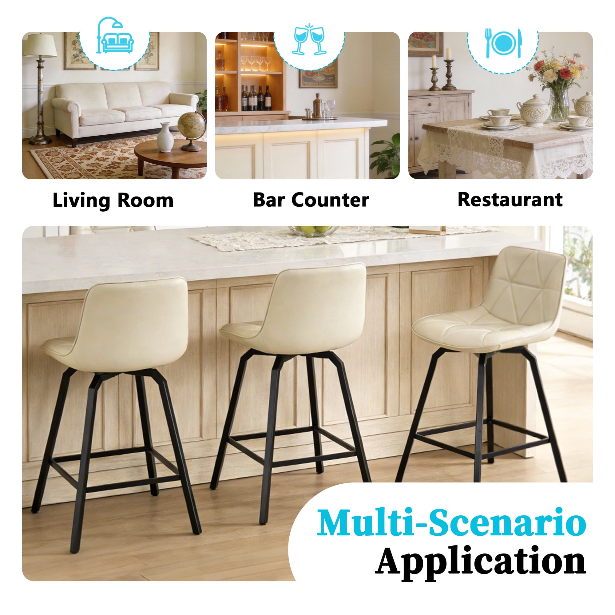 ClinQ 26 inch Swivel Counter Height Bar Stool Set of 3, Faux Leather Seat with Metal Legs and Back, White