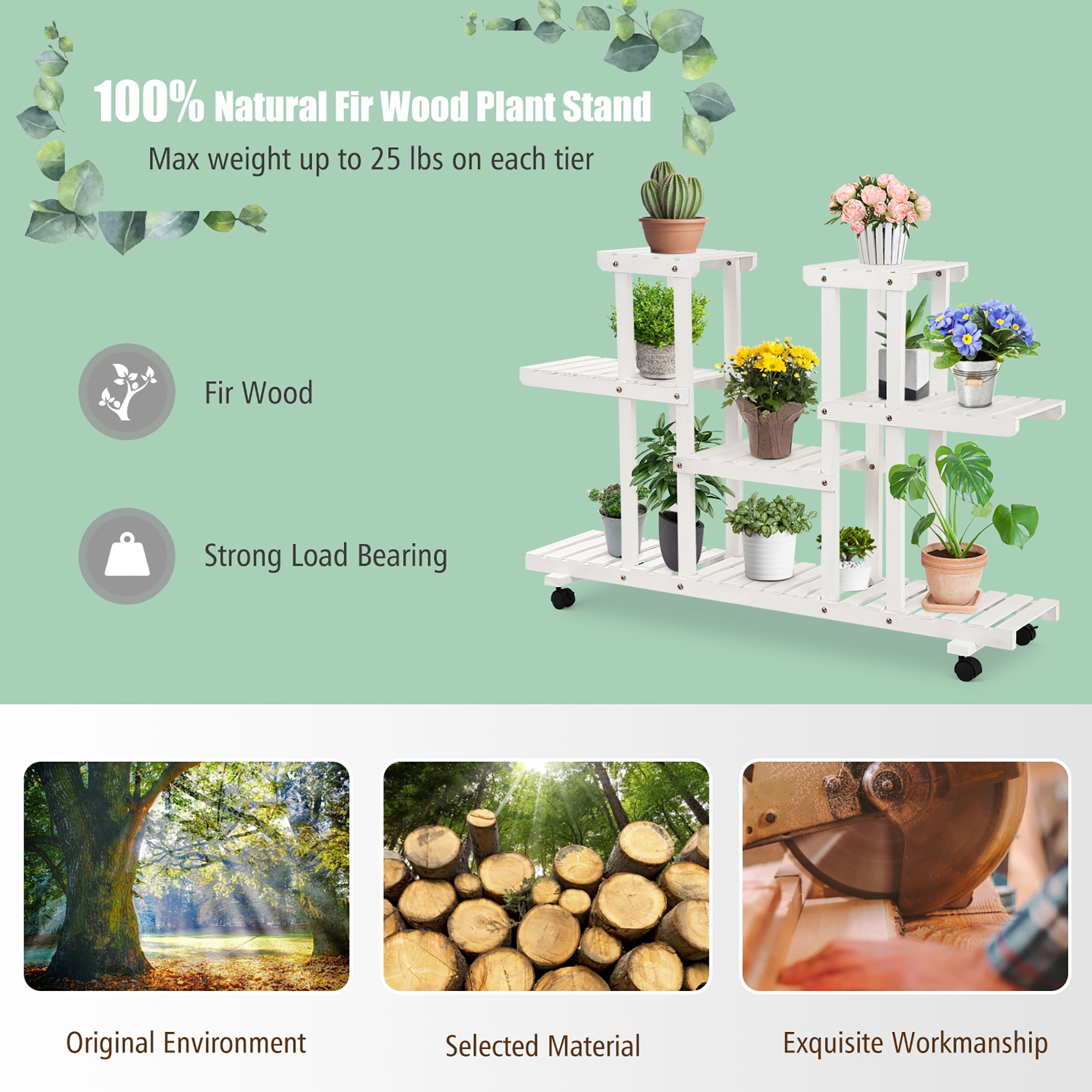 Costway 4-Tier Rolling Flower Rack Wood Plant Stand Casters 12