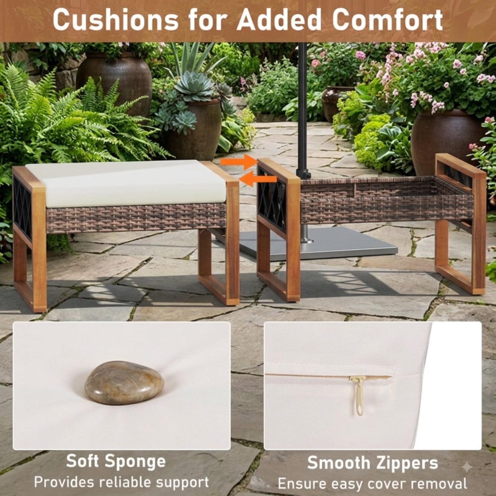 Furnibear PE Rattan Wicker Ottoman Set of 2, Outdoor Patio Footstool with Removable Cushions, Acacia Wood & Metal Frame for Garden Porch, 400 LBS, Beige