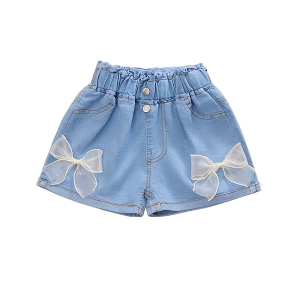 ZACPNCV Toddler Girls Elastic Waist Denim Shorts Straight Leg Jeans Shorts with Bowknot White 6-7 Years