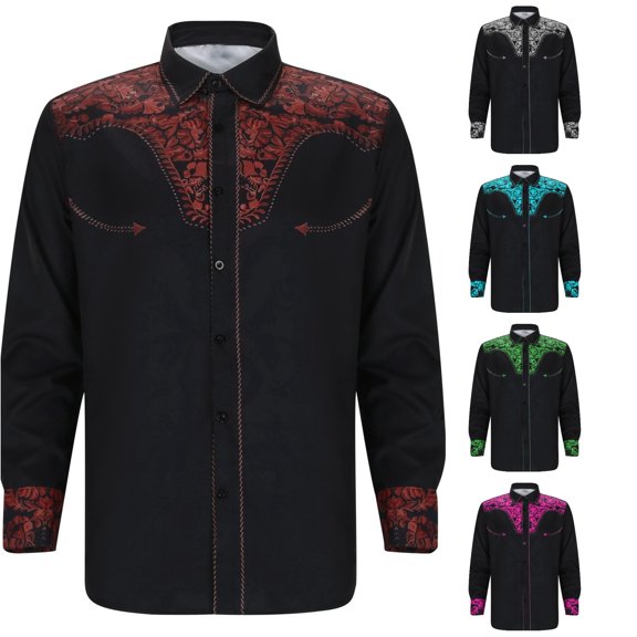 RMGVDSD Boys Western Cowboy Shirts Print Retro Long Sleeve Button Down Shirts For Kids Fashion Festival Party Tops 6-7 Years
