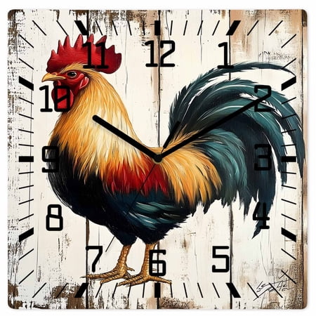 Farmhouse Rooster Wooden Wall Clock Silent Non Ticking, Vintage Farm Animals Green Red Square Wall Clocks Battery Operated, Decor Clock for Home Office, Living Room, Kitchen, 10 Inch