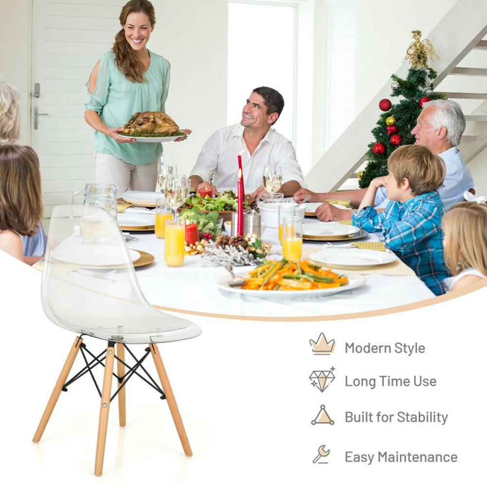 Demi Bonn Set of 4 Dining Chairs Modern Plastic Shell Side Chair with Clear Seat and Wood Legs for Dining Room Living Room, Beige