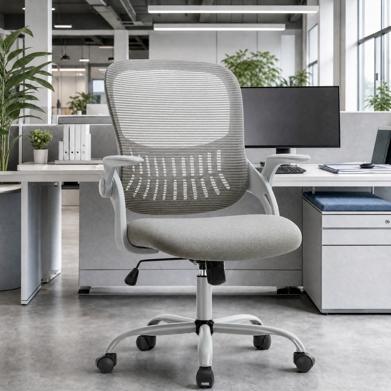 Kelno Ergonomic Mesh Office Chair Mid Back Desk Chair with Lumbar Support Flip-up Armrests Adjustable Height Swivel Task Chair, Gray