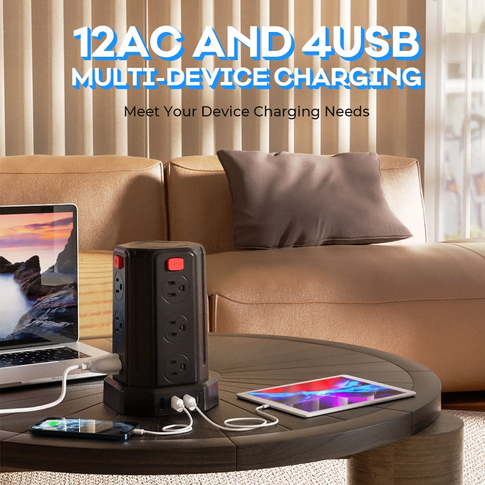 Power Strips Tower 12 Outlets Surge Protector with 4 USB Port and 10ft Extension Cord, Black