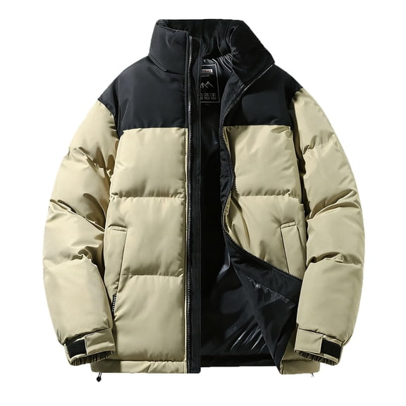 Mens Puffer Jacket Thickened Winter Coat Warm Hooded Stand Collar Color Block Zip Up Down Filled Ski Bubble Coat