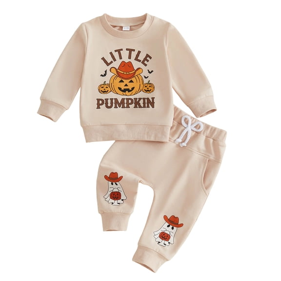 Quealent My First Halloween Baby Boy Outfit Newborn Long Sleeve Pumpkin Patch Sweatshirt Pants Toddler Infant Fall Clothes (Beige, 18-24 Months)
