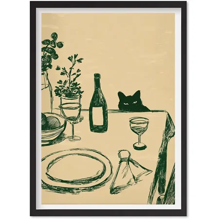 Sneaky Cat Wine Print Funny Kitchen Wall Art Abstract Bar Cart Decor Whimsical Animal Matte Canvas Stretched Posters for Room Bedroom Living Room Bathroom Wall Decor Posters & Art Prints Gift.