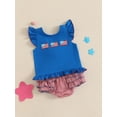 thumbnail image 4 of BemeyourBBs Toddler Baby Girl 4th of July Outfit Patriot Fourth of July Summer Independence Day Clothes American Flag Embroidered Backless Flying Sleeve T shirt Tops Plaid Ruffle Shorts Set, 4 of 9