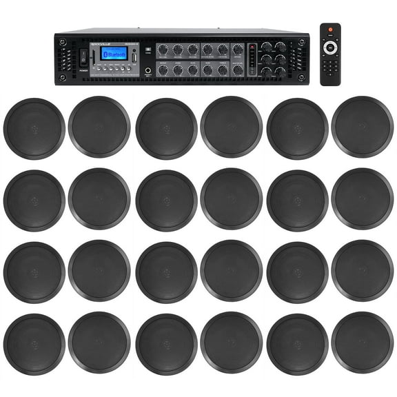 Rockville Commercial Receiver (24) 8" 2Way Black Ceiling Speakers 4 Hotel/Office