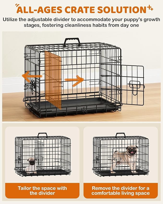 SONGMY 24 inch Dog Crate Double Door w/Divider for Puppy Collapsible Metal Crate with Removable Tray Wire Kennel Pet Crate for Small Dogs Portable Travel Cage, Black