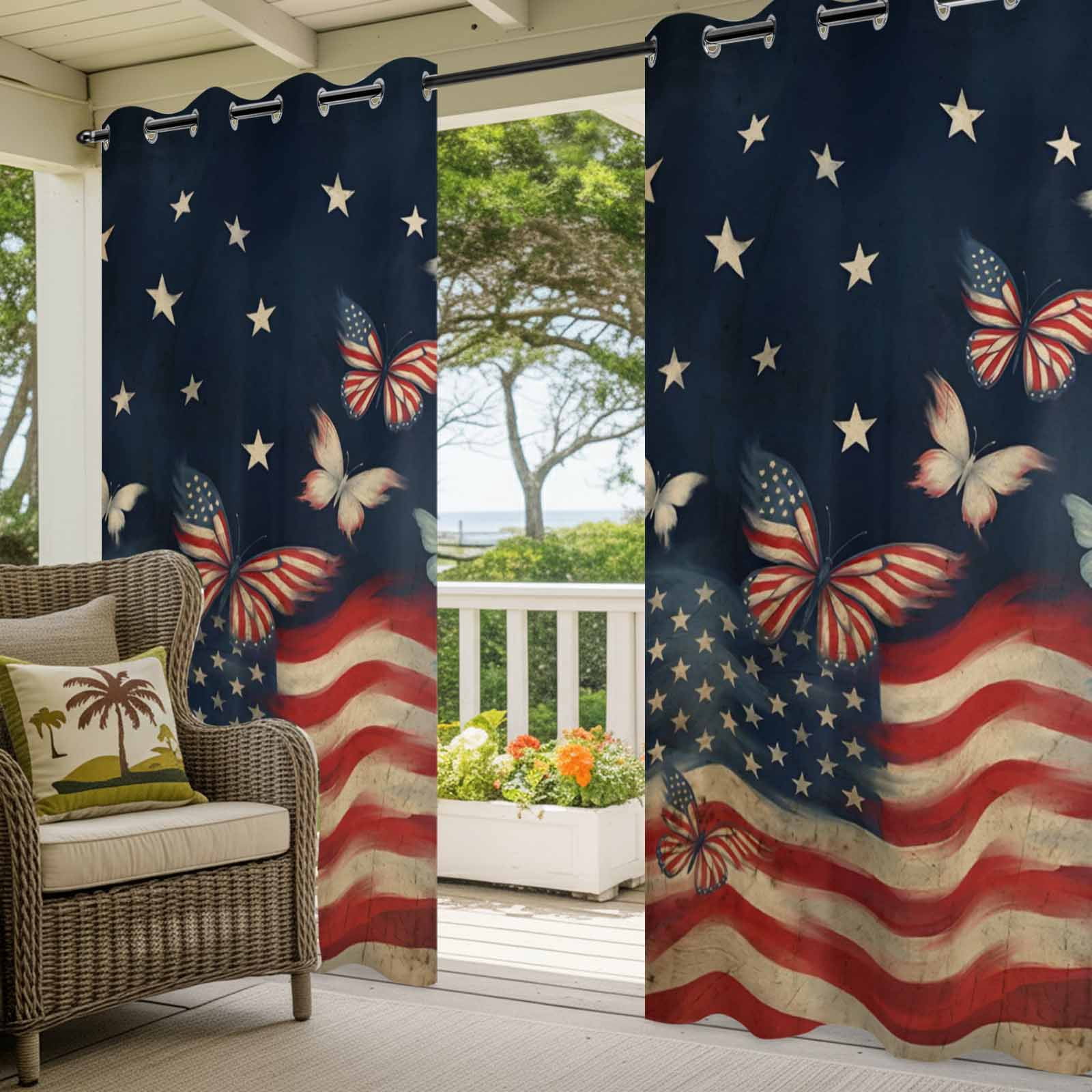 4th of July Outdoor Curtains for Patio, Independence Day Patriotic Butterfly American Flag Sunshade Privacy Drapes Grommet Waterproof Outside Curtains for Porch/Cabana/Balcony 54"x 108", 1 Panel