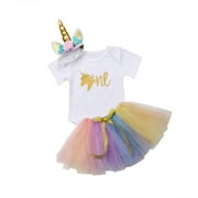 Sunisery Newborn Baby Girl Unicorn Romper Tutu Skirt Headband 1st Birthday Outfits Set