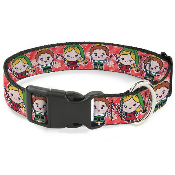 Warner Bros. Holiday Movies Pet Collar, Dog Collar Plastic Buckle, Elf Chibi Buddy and Jovie Pose Snowflakes Stripe Red White, 7 to 8.5 Inches 0.5 Inch Wide