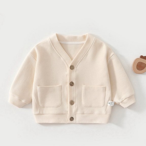 Boys Graphic Tees Solid Print V-Neck Long Sleeve Pocket Button-Down Cozy Cardigan Outerwear for Daily Wear Boys' Tops Tees Shirts Beige 3 Years-4 Years