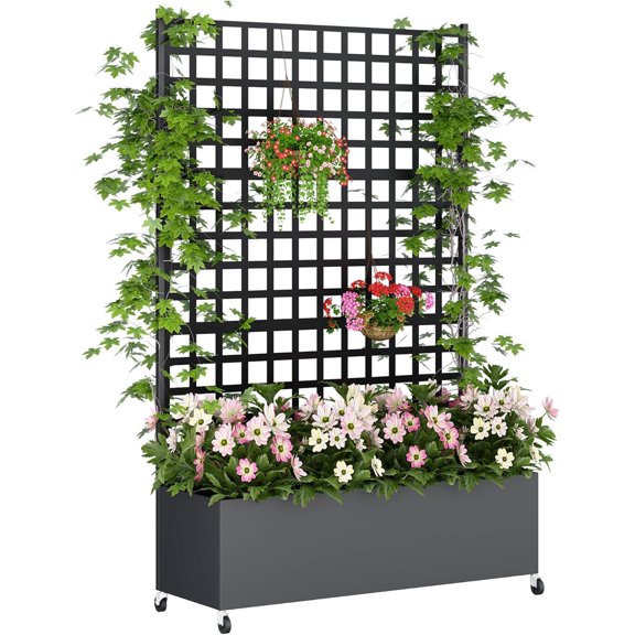 Metal Planter Box with Trellis Privacy Screen, Raised Garden Bed with Lattice Trellis & Wheels, Privacy Planters for Patio, Planter Box for Climbing Plants, Flower, 73"x 47"x 16", Black
