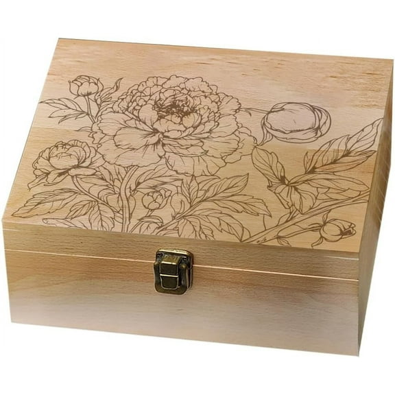 Peony Pattern Wooden Memory Keepsake Box Metal Knot Box with Hinged Lid and Lock Decorative Storage Box Stash Box for Photo Letter Souvenir Jewelry 7.6x9.6x4inch(19.5x24.5x10.3cm) DIY