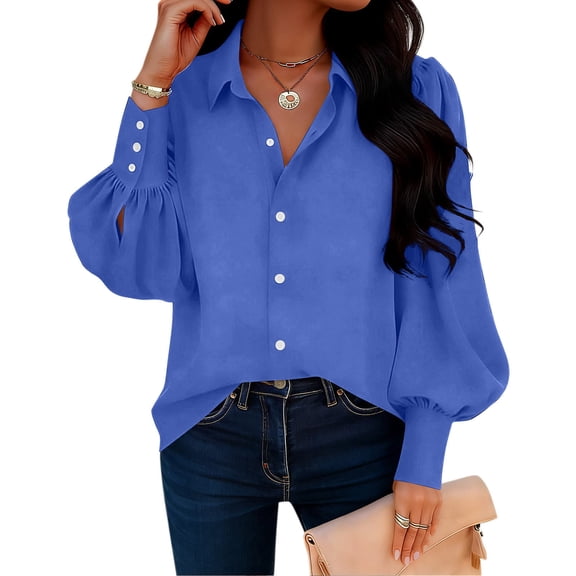 LEKWK Blouses for Women Dressy Casual Regular Fit Lapel Long Sleeve Tops Lantern Sleeve Button Down Shirts Solid Elegant Office Professional Wear