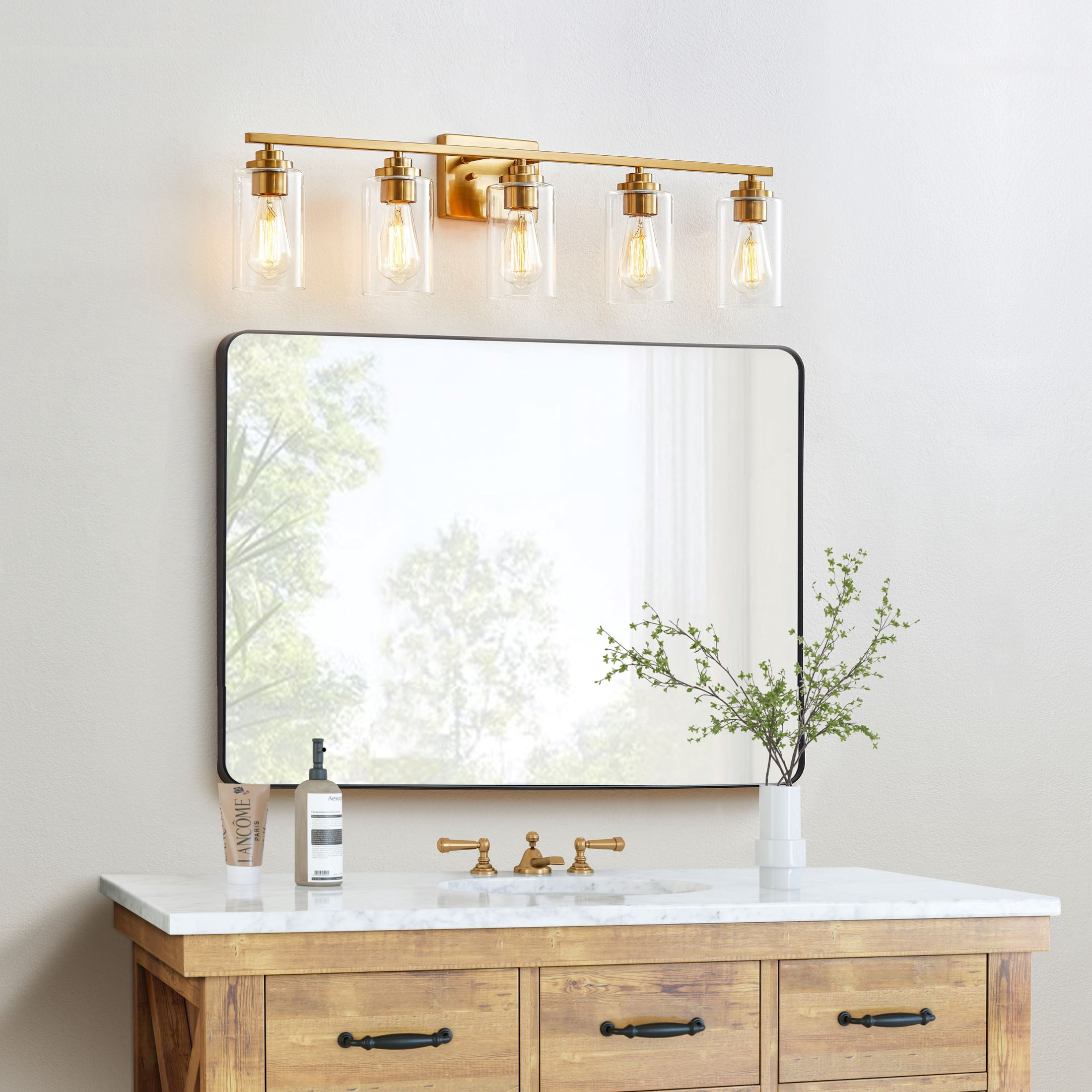KAWOTI Modern 5-Light Vanity Light Fixtures over Mirror, Antique Brass Bathroom Light Fixtures with Clear Glass Shade