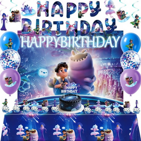 Elio Party Supplies, 52-Piece Birthday Decoration Set Includes Banner, Backdrop, Tablecloth, Balloons, Hanging Swirls, Cake Cupcake Toppers, Table Cover for Boys and Girls Elio Theme Party