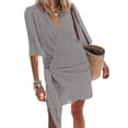 thumbnail image 4 of GYUJNB Robe en Lin pour Femmes pour l'Été Décontractée Col en V Manches 3/4 Robe Courte Plage Froncée Ceinture Vacances Mini Robe, 4 of 5