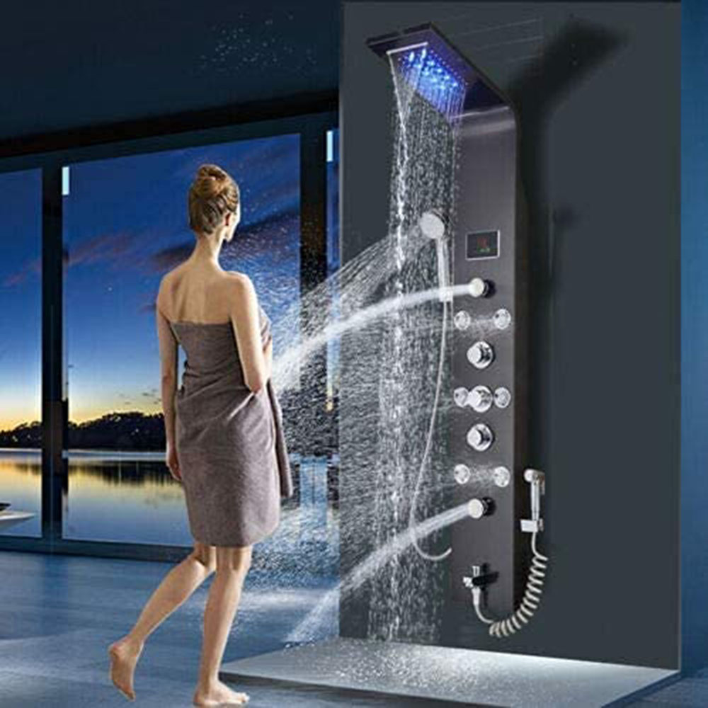 Shower Panel Tower LED Shower System with 6 Functions Unique Powerful hydromassage and Bidet Tap Shower Tower Wall Mounted Black
