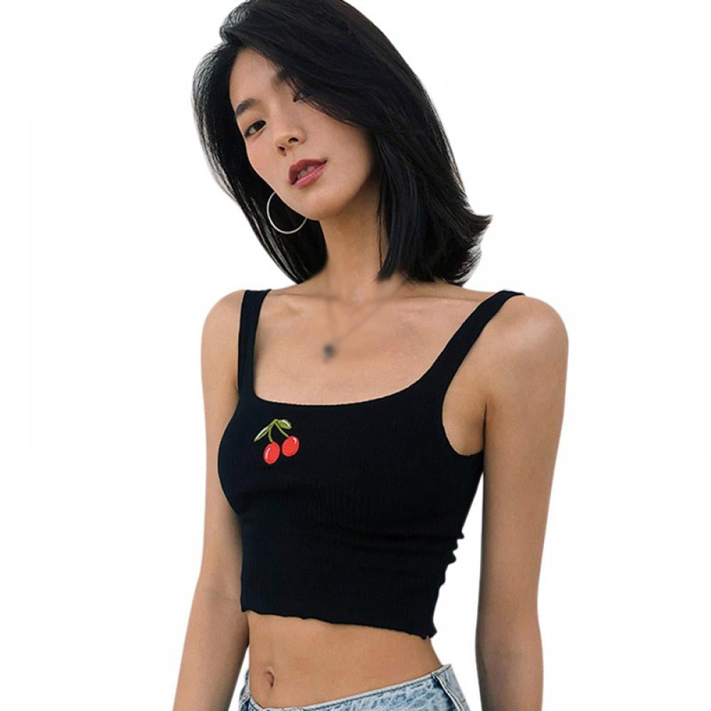 Crop Top Blouse for Women Cherry Print Rib Sleeveless Y2K Camisole Sexy  Cami Sling Tank Top Summer Teen Girl Vest 