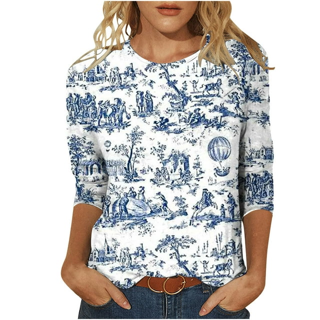 Pompotops T-shirt Mode Imprimé Ample pour Femmes Manches 3/4 Blouse Col Rond Hauts Décontractés en Solde