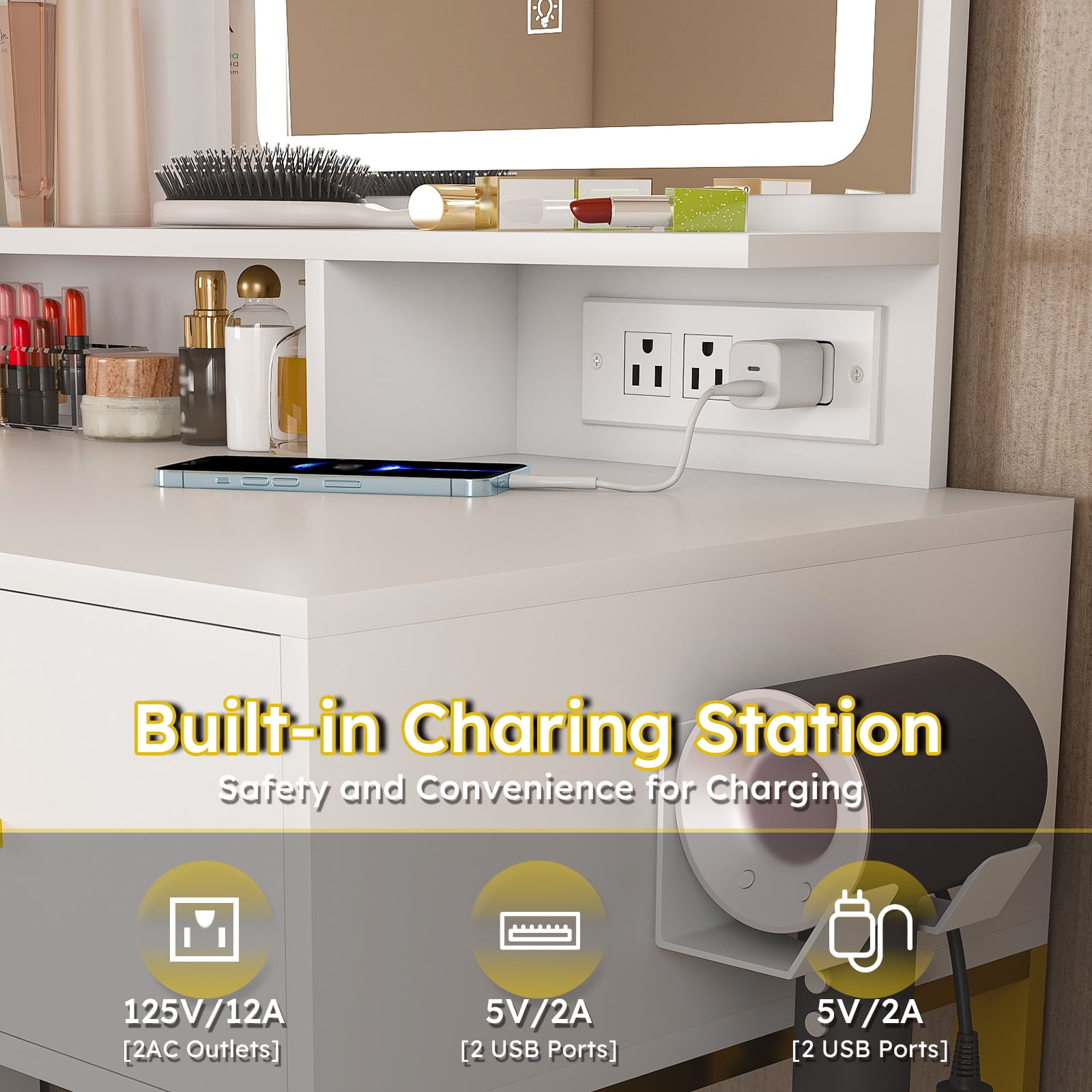 Montary White LED Vanity w/ Power Outlet & 3 Lights: 5-Drawer Makeup Desk w/ Sturdy Metal Legs & Stool